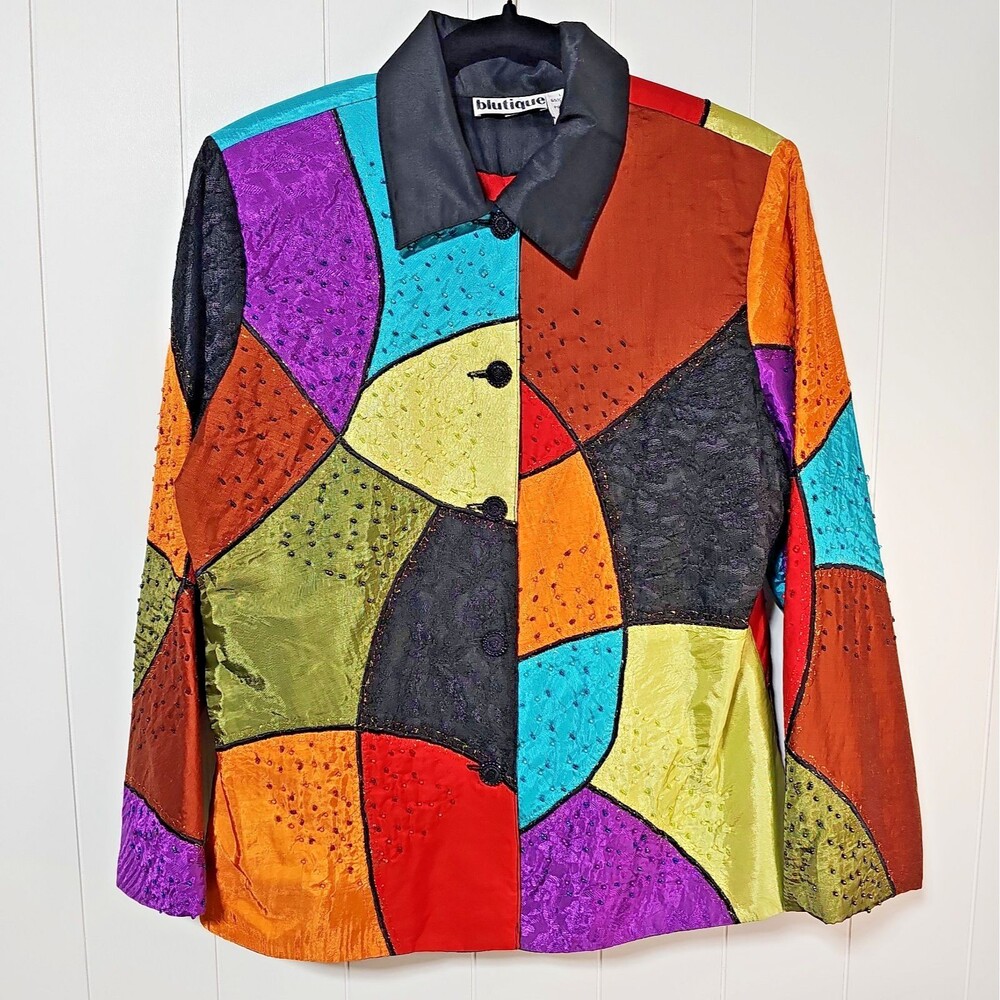 Vintage blutique Womens Beaded Artsy Patchwork Jacket Large Colorful NBC Sally